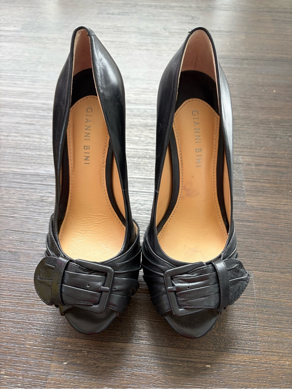 Gianni Bini Black Leather Peep-Toe Pumps with Buckle Accent